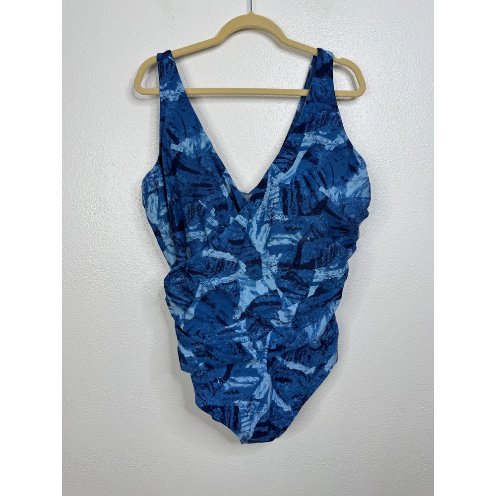 LL Bean Blue Abstract Palm V-Neck Ruched One Piece Swimsuit Plus Size 22W 504375